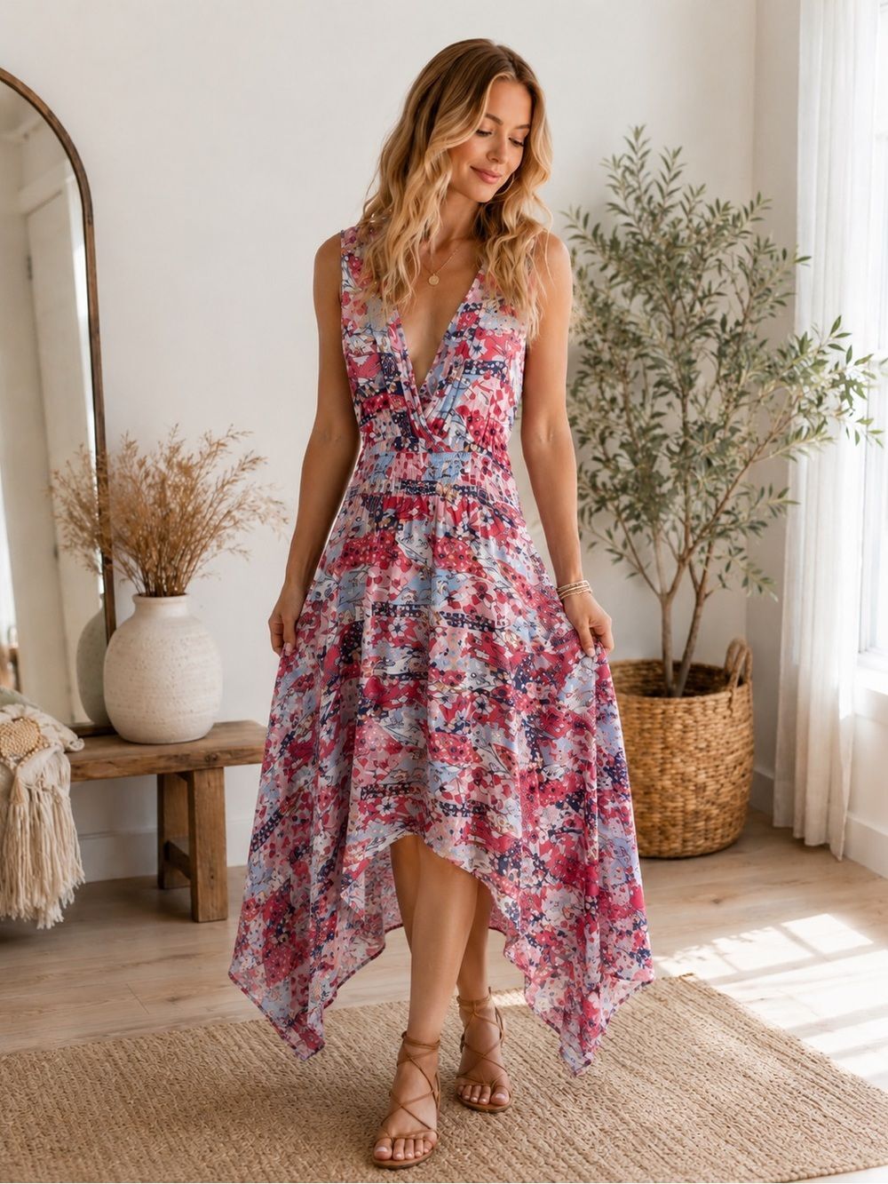 Japna Boho Chic Pink Floral V-Neck Sleeveless Maxi Dress